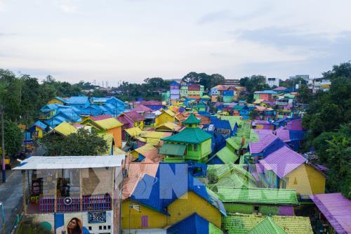 Ngắm ngôi làng cầu vồng rực rỡ sắc màu ở Indonesia