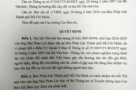  Thu thẻ nhà báo của Mai Phan Lợi vì sai phạm nghiêm trọng