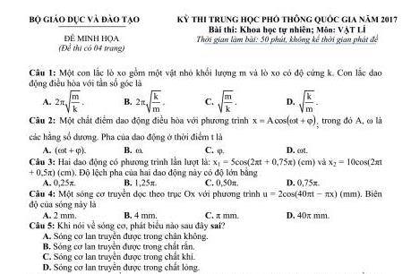 Đề minh họa môn Lý kỳ thi THPT quốc gia 2017