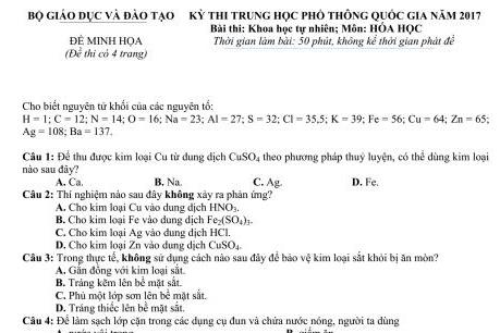 Đề minh họa môn Hóa kỳ thi THPT quốc gia 2017