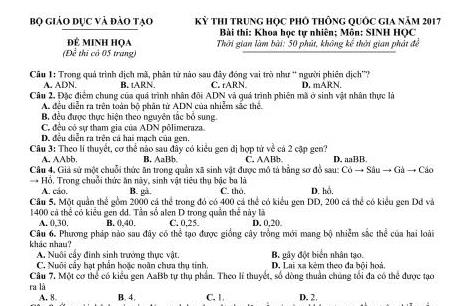 Đề minh họa môn Sinh học kỳ thi THPT quốc gia 2017