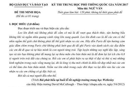 Đề minh họa môn Ngữ văn kỳ thi THPT quốc gia 2017