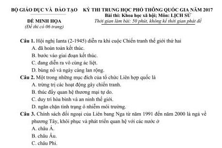 Đề minh họa môn Lịch sử kỳ thi THPT quốc gia 2017