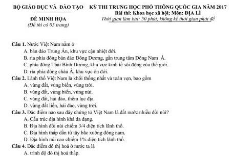 Đề minh họa môn Địa lí kỳ thi THPT quốc gia 2017