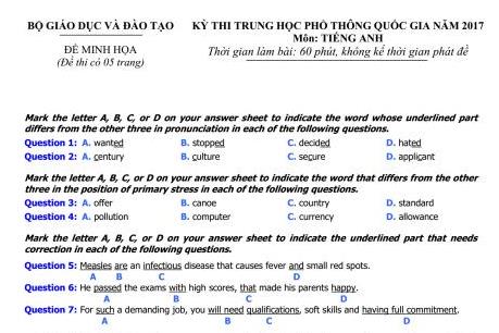 Đề minh họa môn Tiếng Anh kỳ thi THPT quốc gia 2017