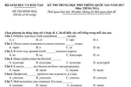 Đề minh họa môn Tiếng Nga kỳ thi THPT quốc gia 2017