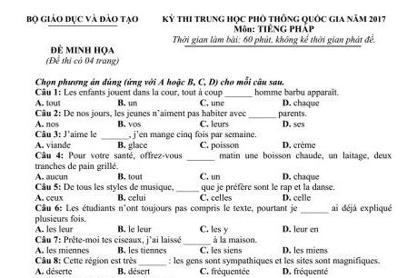 Đề minh họa môn Tiếng Pháp kỳ thi THPT quốc gia 2017