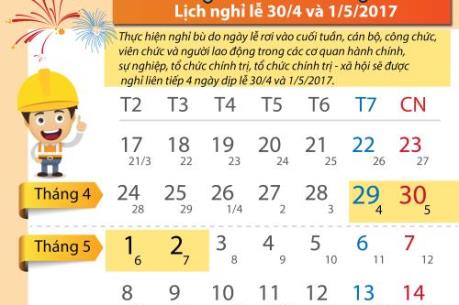 Lịch nghỉ lễ 30/4 và 1/5/2017