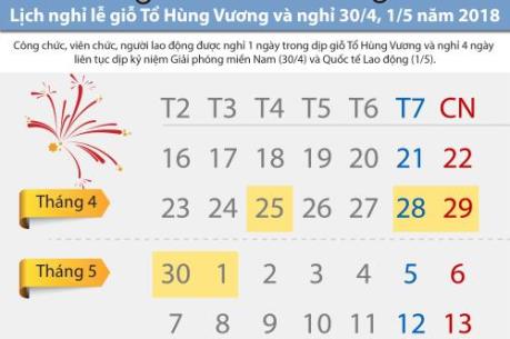 Lịch nghỉ lễ giỗ Tổ Hùng Vương và nghỉ 30/4, 1/5 năm 2018