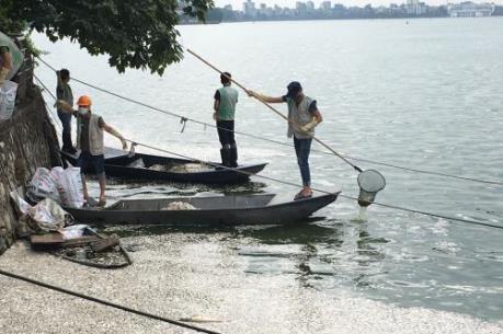 Lấy mẫu nước để xác định nguyên nhân cá chết tại hồ Tây