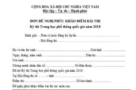 Mẫu đơn phúc khảo bài thi THPT Quốc gia 2018 và hạn nộp đơn phúc khảo