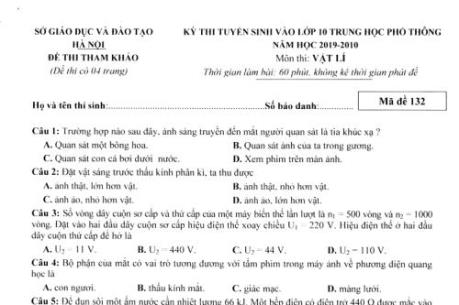 Đề thi tham khảo kỳ thi tuyển sinh vào lớp 10 THPT môn Vật lí