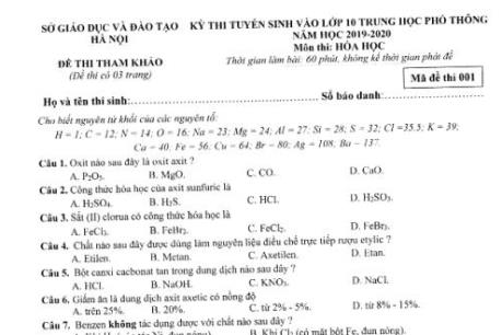 Đề thi tham khảo kỳ thi tuyển sinh vào lớp 10 THPT môn Hóa học