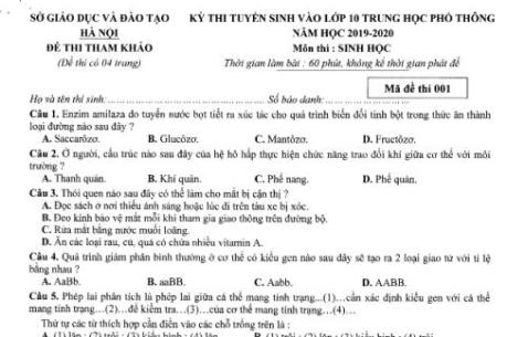 Đề thi tham khảo kỳ thi tuyển sinh vào lớp 10 THPT môn Sinh học