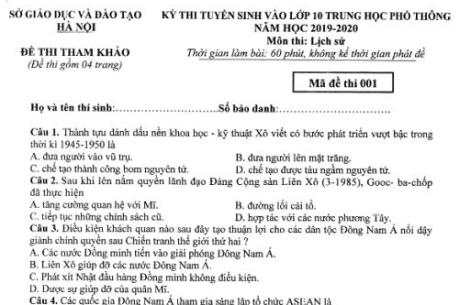 Đề thi tham khảo kỳ thi tuyển sinh vào lớp 10 THPT môn Lịch sử