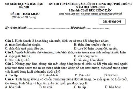 Đề thi tham khảo kỳ thi tuyển sinh vào lớp 10 THPT môn Giáo dục công dân