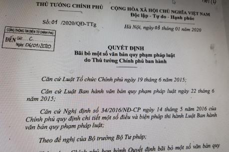 Chính phủ, Thủ tướng Chính phủ bãi bỏ 111 văn bản quy phạm pháp luật