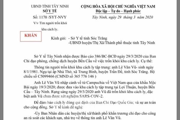 Sở Y tế Tây Ninh thông báo khẩn tìm một người trốn khỏi khu cách ly