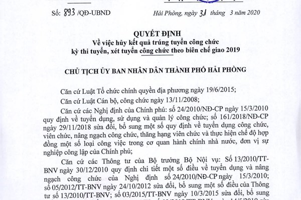 Hải Phòng hủy kết quả trúng tuyển đối với 4 công chức