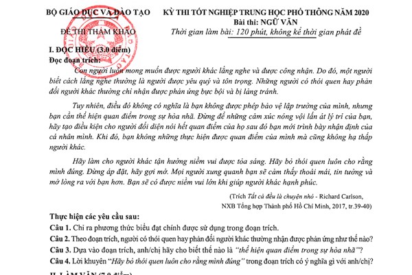 Đề thi minh họa tốt nghiệp THPT 2020 môn Ngữ văn