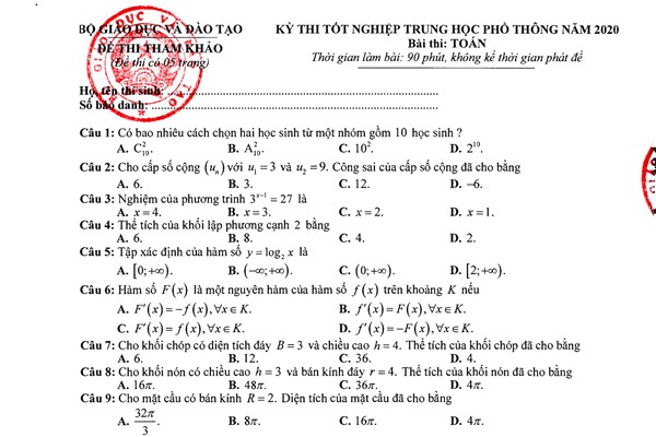 Bộ GD-ĐT công bố đề thi minh họa tốt nghiệp THPT 2020 môn Toán