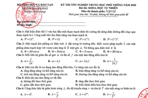 Hướng dẫn giải đề thi minh họa tốt nghiệp THPT 2020 môn Vật lí