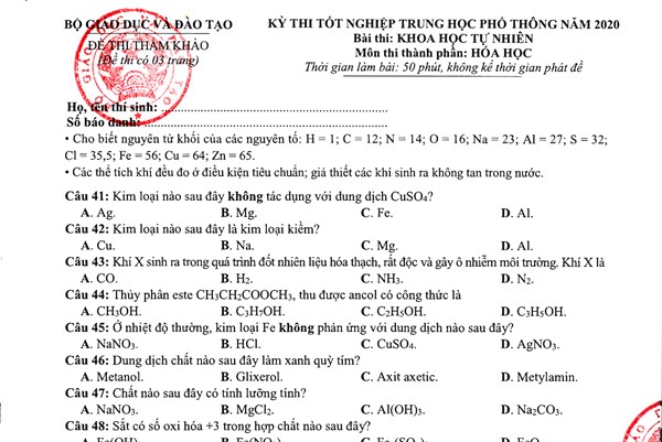 Đề thi minh họa tốt nghiệp THPT 2020 môn Hóa học