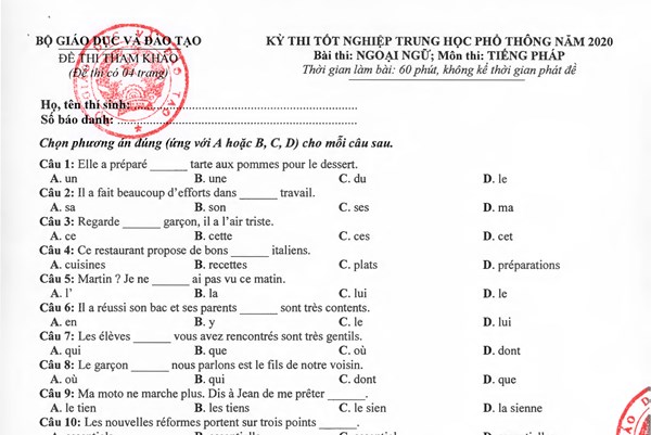 Đề thi minh họa tốt nghiệp THPT 2020 môn Tiếng Pháp