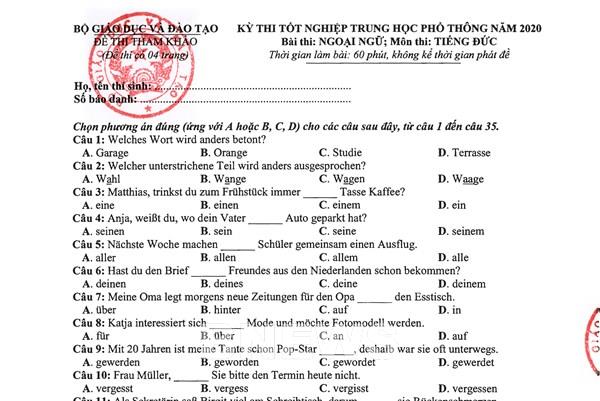 Đề thi minh họa tốt nghiệp THPT 2020 môn Tiếng Đức