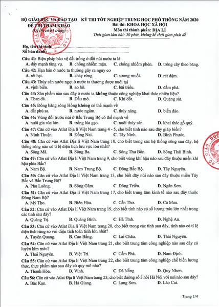 Đề thi minh họa tốt nghiệp THPT 2020 môn Địa lí
