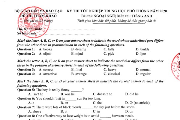 Đề thi minh họa tốt nghiệp THPT 2020 môn Tiếng Anh