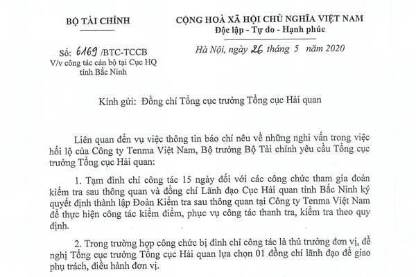 Tạm đình chỉ công chức thuế, hải quan có liên quan đến vụ việc Công ty Tenma Việt Nam