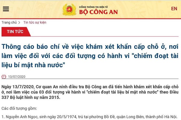 Khởi tố vụ án “chiếm đoạt tài liệu bí mật nhà nước”