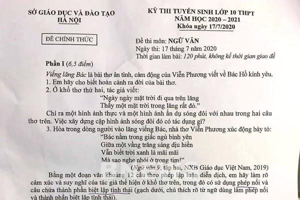 Đề thi và gợi ý đáp án Đề thi môn Ngữ văn lớp 10 tại Hà Nội 