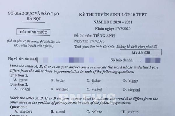 Đề thi và đáp án môn Ngoại ngữ lớp 10 tại Hà Nội năm học 2020-2021