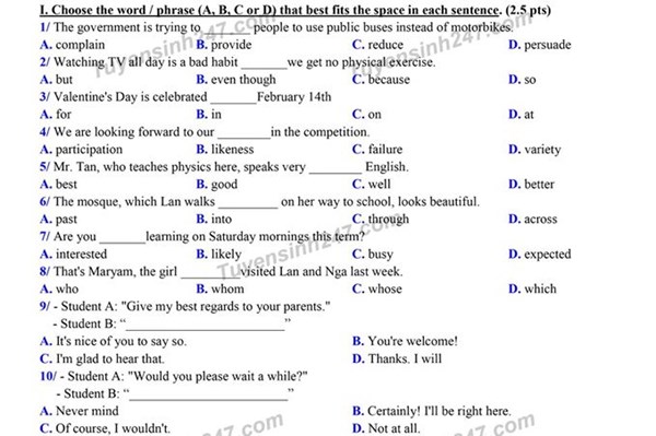 Đề thi và đáp án môn ngoại ngữ vào lớp 10 TP.HCM năm 2020