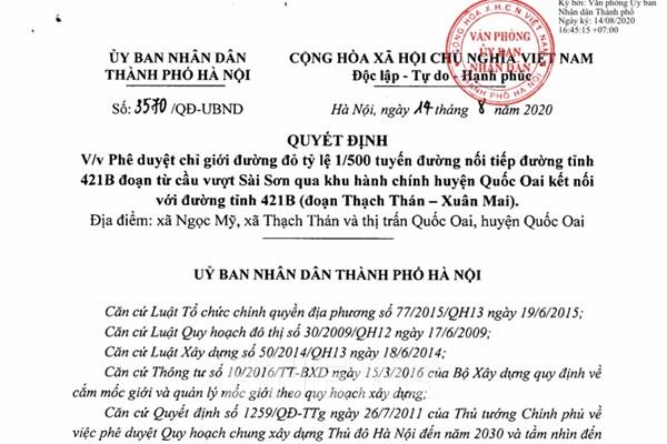 Phê duyệt chỉ giới đường đỏ tỷ lệ 1/500 tuyến đường tại huyện Quốc Oai