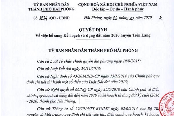 Quyết định bổ sung kế hoạch sử dụng đất năm 2020 huyện Tiên Lãng