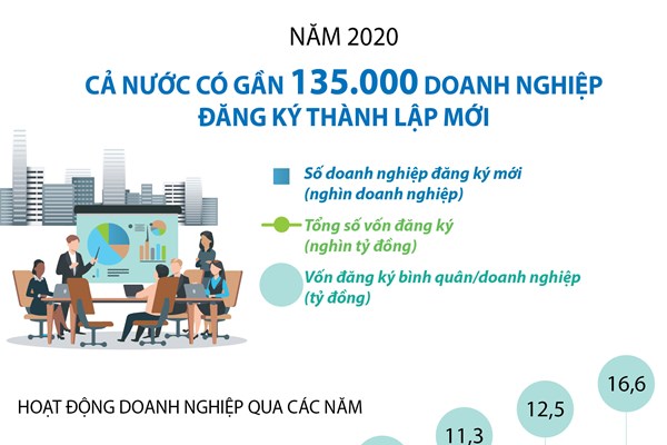 Năm 2020, cả nước có gần 135 nghìn doanh nghiệp đăng ký thành lập mới