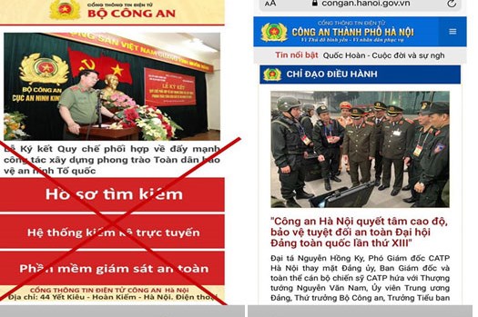 Xuất hiện trang web giả mạo Cổng Thông tin điện tử của Công an thành phố Hà Nội