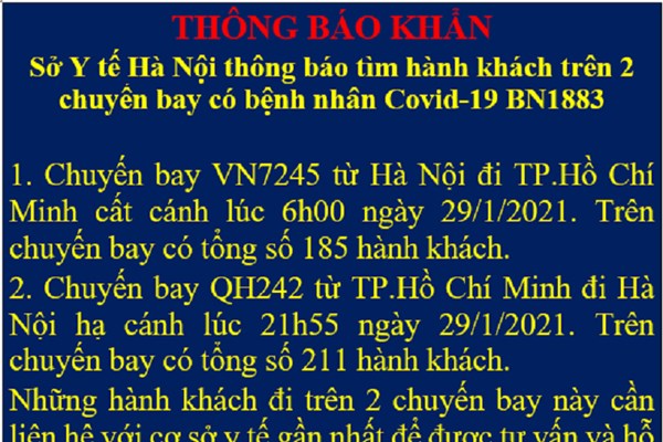 Thông báo khẩn tìm người trên 2 chuyến bay có ca bệnh COVID-19