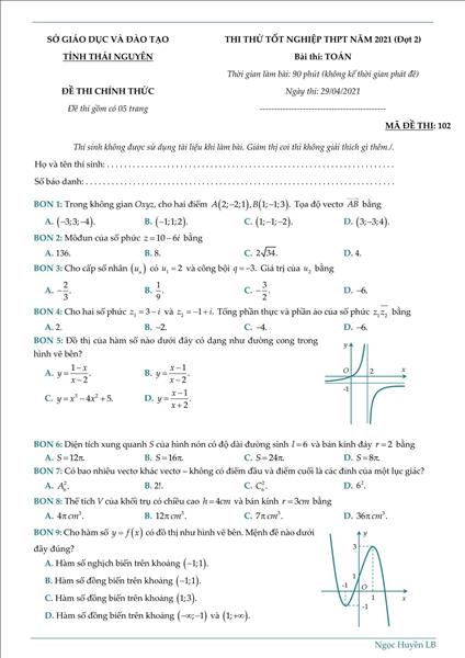 Đề thi thử tốt nghiệp THPT 2021 môn Toán của Thái Nguyên 