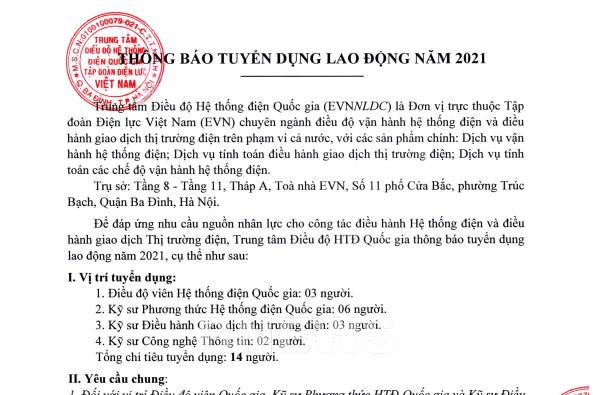 Trung tâm Điều độ Hệ thống điện Quốc gia tuyển dụng lao động