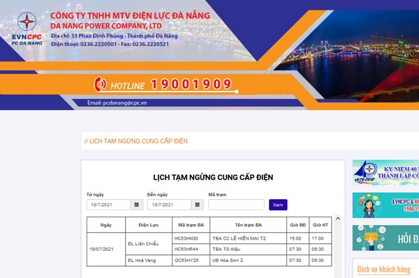 Lịch cắt điện Đà Nẵng ngày mai 19/7