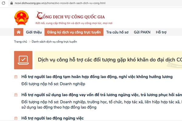 8 dịch vụ công trên Cổng Dịch vụ công Quốc gia hỗ trợ đối tượng khó khăn do COVID-19
