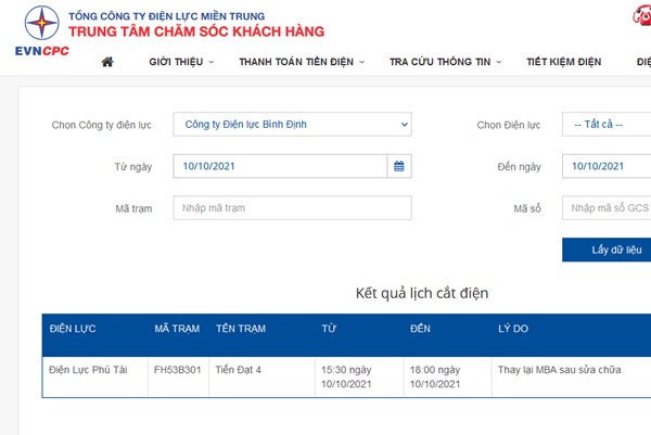 Lịch ngừng cung cấp điện Bình Định ngày mai 10/10