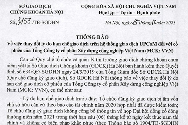 Thay đổi lý do hạn chế giao dịch trên UPCoM đối với cổ phiếu VVN