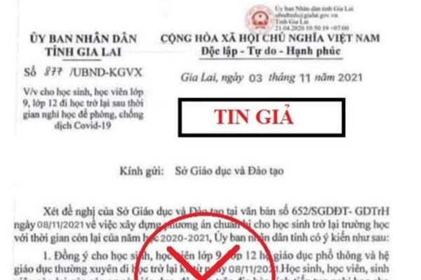 Văn bản về việc cho học sinh lớp 9, lớp 12 tại Gia Lai đi học trở lại là giả mạo