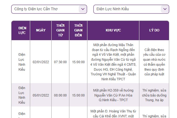 Lịch cắt điện Cần Thơ ngày mai 2/1