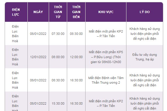 Lịch cắt điện tại Đồng Nai ngày mai 8/1 cập nhật mới nhất